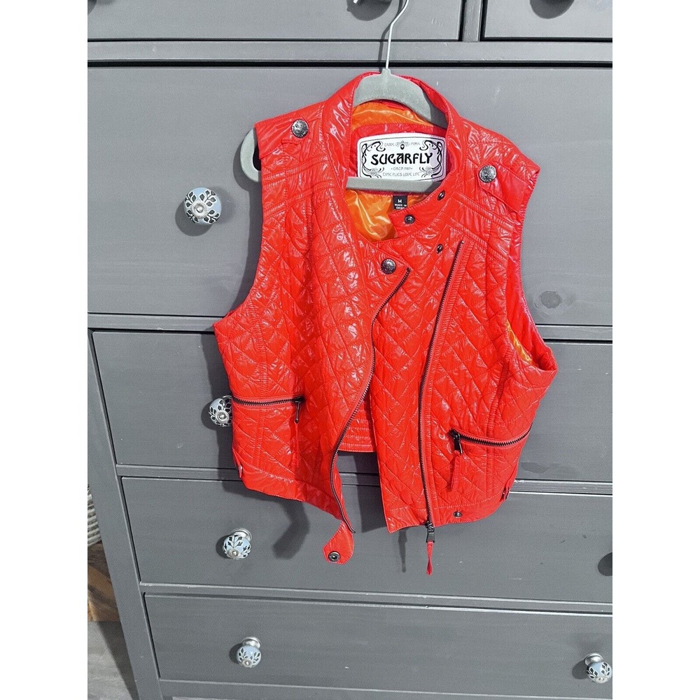 Sugarfly Vest Youth Medium Orange Zip Up Pockets QUILTED NWOT